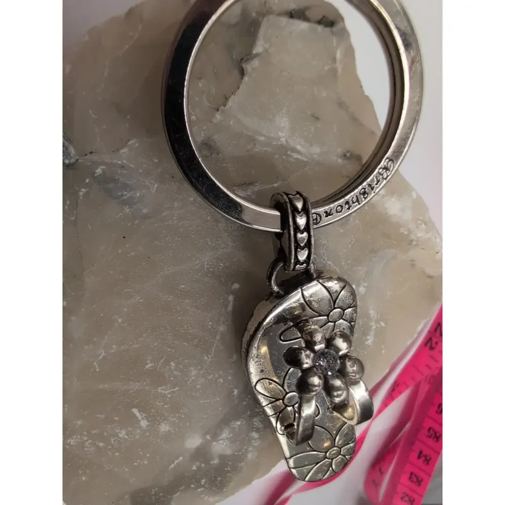 Brighton Silver Tone Flip Flop Sandal Keychain Floral Charm Crystal Accent wear